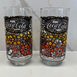Pair of Vintage Coca Cola 70s Flower Power Glass Tumblers Yellow Orange Flowers
